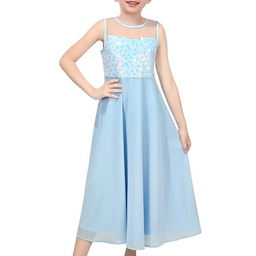Image of Sunny Fashion Girls Dress Pastel Blue Chiffon Sequin Wedding Concert Ballet Maxi Elegant Pageant Size 10 Years