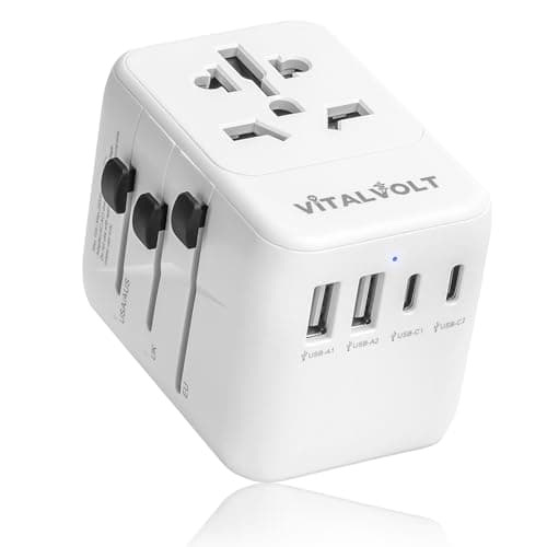 Image of VitalVolt Universal Travel Adapter Worldwide All-in-One International Plug with 2 USB-C & 2 USB-A Fast Charging Ports, Dual Safety Fuse, Compact UK EU AUS USA Travel Adapter for 225+ Countries (SVP)