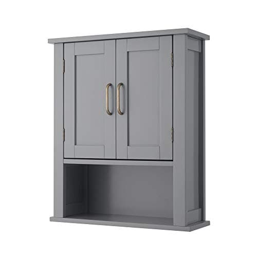 Image of Teamson Home Mercer Wooden Bathroom Furniture Wall Medicine Storage Cabinet With Open Shelf Grey EHF-F0019