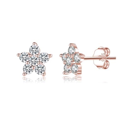 Image of SLUYNZ 925 Sterling Silver Small CZ Flower Earrings Stud for Women Teens Flower Stud Earrings (C-Rose Gold)