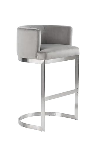 Image of MY Furniture Bar Stool – Dove Grey - Brushed Stainless Steel Base/Velvet Bar Stool - Silver Metal Frame, Upholstered Seat, Modern Curved Back - Stylish Counter Chair for Kitchen-Bar Seating