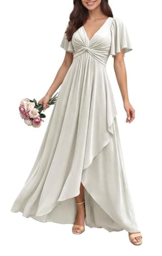 Image of KIYNE Long Bridesmaid Dresses with Sleeves for Wedding Ruched Ivory Chiffon Maid of Honor Formal Dress UK20