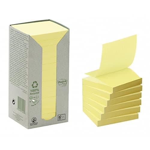 Image of Post-it Recycled Z-Notes, Pack of 16 Pads, 100 Sheets per Pad, 76 mm x 76 mm, Canary Yellow - Extra Sticky Notes Made from 100percent Recycled Paper