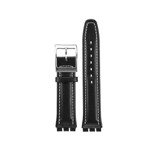 Image of POYNMRE Compatible With Swatch YIS YAS YGS IRONY Men Women Cowhide Leather Watch Strap Bracelet Concave Convex Mouth Calfskin Watchband 17mm 19mm(Black white-silver,17mm)