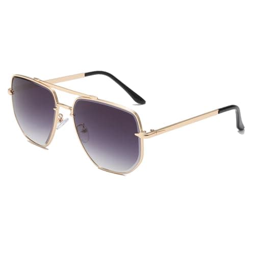 Image of Long Keeper Pilot Sunglasses Mens Womens Oversized Retro Avaiton Sunglasses Gold Frame Mirror & Transparent Lens Driving Sun Glasses Vintage Shades Anti UV400 (Gold Frame - Gradient Grey Lens)