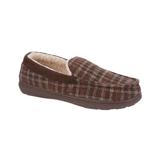 Image of Jo & Joe Men's Moccasin Slippers, Herringbone Check Tweed, Fleece and Faux Fur Lined, Slip-On (Brown Check, UK Footwear Size System, Adult, Men, Numeric, Medium, 9)