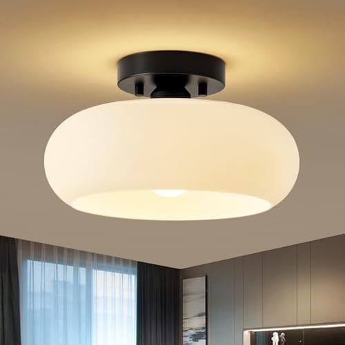 Image of WOKNOS Modern Crystal Semi Flush Mount Ceiling Light,Black Ceiling Lighting Fixture,Round Hallway Lighting Fixtures for Kitchen Entryway Bedroom Dining Room,1-Light,11.02 in