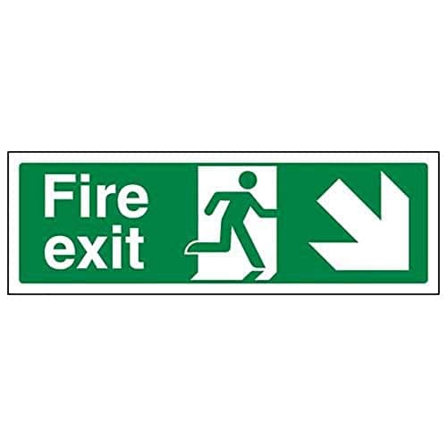 Image of V Safety Fire Exit Arrow Down Right Sign - Landscape - 300mm x 100mm - 2mm Rigid Plastic