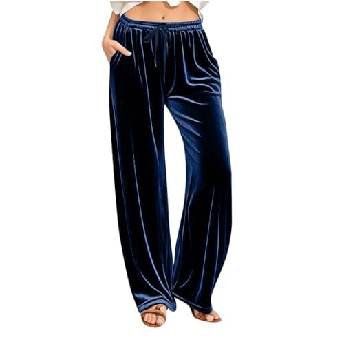 Image of Velvet Trousers Womens Elasticated Waist Trousers Solid Color Casual Loose Long Pants Ladies Palazzo Wide Leg Bottoms Soft Comfy Stretch Office Leisure Trouser with Pockets Navy