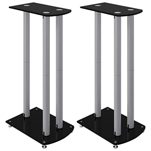 Image of vidaXL Speaker Stands - Sturdy Aluminium and Tempered Glass with 3 Pillars Design, Black & Silver, 2pc Set, Designed for Stability with Wire Management