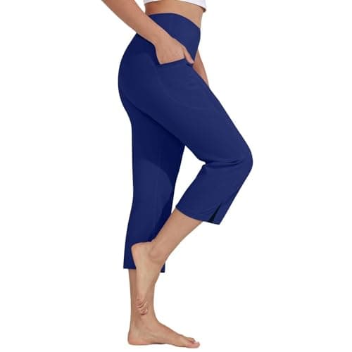 Image of Pull on Trousers for Women UK Women's Activewear Trousers Yoga Leggings with Pockets Straight Leg Stretch Work Tracksuit Bottoms Gym Joggers Causal Lounge Tummy Control Pants Petite Blue