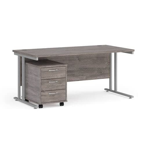 Image of Office Monster Cooper straight desk 1600mm x 800mm with silver cantilever frame and 3 drawer pedestal - grey oak