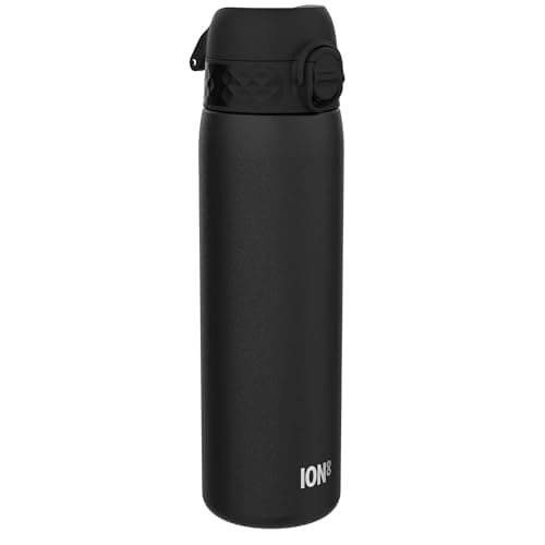 Image of ION8 Vacuum Insulated Steel Water Bottle, 500 ml/17 oz, Leak Proof, Easy to Open, Secure Lock, Dishwasher Safe, Fits Cup Holders, Carry Handle, Scratch Resistant, Metal Water Bottle, Black