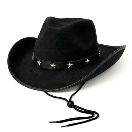 Image of Star Studded Felt Cowboy Hat Fancy Dress Accessory - Adults Western Cowboy Hats for Men or Women - Unisex Cowgirl or Cow Boy Costume Accessories for Country and Western or Wild West (Black)