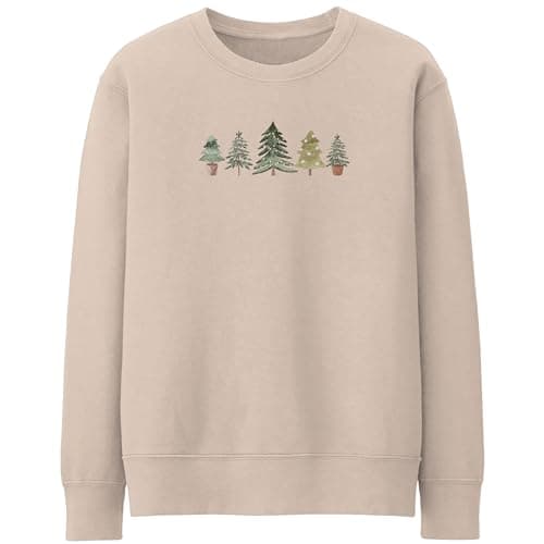 Image of Purple Print House Vintage Christmas Trees Sweatshirt For Women Winter Jumper Xmas Cosy Sweater, M, Natural Stone