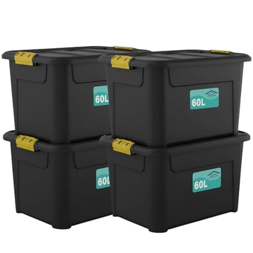 Image of Pack Of 4 Plastic Storage Boxes Black, Heavy Duty Multi-Purpose Indoor & Outdoor Stackable Strong Container Lid Yellow Lock Clip Handles Home, Office School Arts & Crafts Nestable (60 Litre)