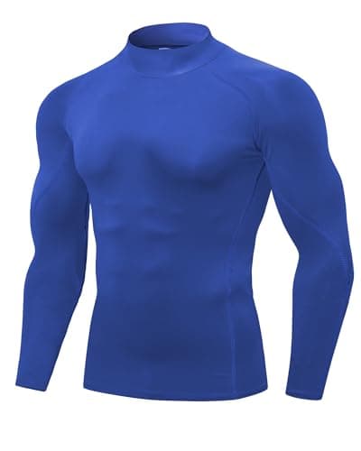 Image of Yuerlian Blue Long Sleeve Compression Shirt for Men Lightweight Sports Underlayer Quick Dry Top Athletic Running Gym Workout Mock Turtleneck Tee Shirts