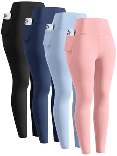 Image of Orrfreer 4 Pack Girls Leggings with Pockets,High Waisted Girls Athletic Leggings Full Length Yoga Workout Active Leggings Pants Black/Navy Blue/Blue/Pink XL