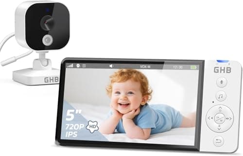 Image of GHB Baby Monitor with Camera and Night Vision, IPS Screen, 2-Way Audio, Temperature Sensor, Digital Zoom, Lullabies, Feeding Reminder, VOX Mode, Matt White