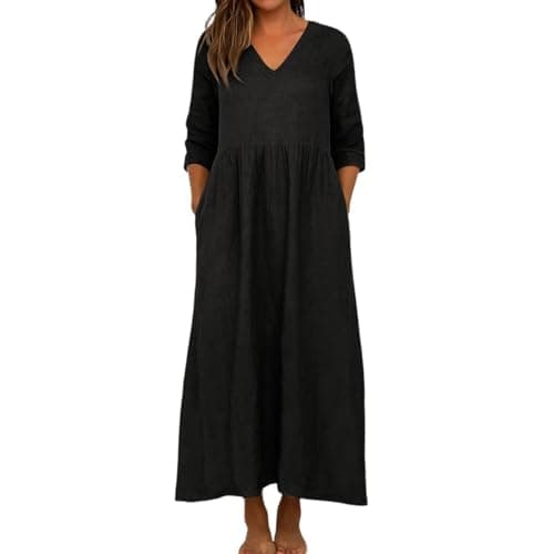 Image of Generisch Casual Women's V-Neck Short Sleeve Flowing Midi Length Dress for Stylish Everyday Elegance, black, M