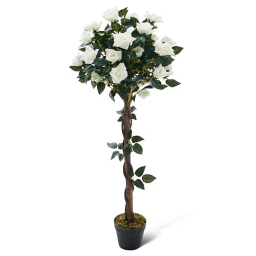 Image of BTGGG Artificial Trees Outdoors 120CM/4FT Artificial Rose Tree Blossom Tree with Pot, Decorative Artificial Trees Plants with Realistic Twisted Trunk for Indoor Outdoor Home Office Decor, White