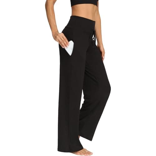 Image of DDOBB Yoga Pants for Women with Pockets Ladies Wide Leg Pants High Waist Stretch Tummy Control Trousers Gym Jogging Casual Trousers Sports Sweatpants Black