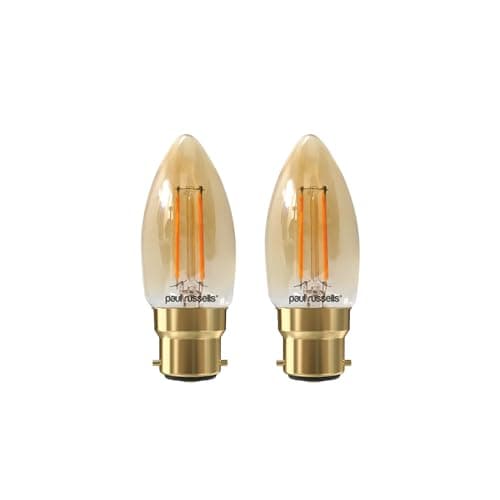 Image of paul russells LED Candle Filament Light – 2.5W 20W Equivalent Replacement, 200LM Lumens, 2200K Extra Warm White, BC B22 Bayonet Cap C35 Bulbs – Energy Saving Non-Dimmable Lamps - 2 Pack