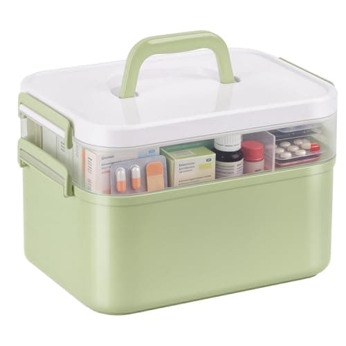 Image of Otopone Medicine Storage Box, Multi Grid Covered Medicine Box with Handle, Medical Boxes with Removable Tray for School Home and Office (Green, 28x19x18.5CM)