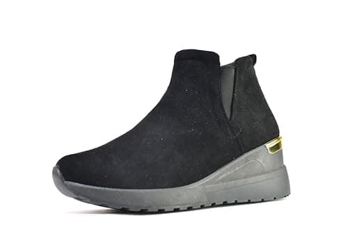 Image of Air Foot Ladies Black Wedge Heel Casual Elastic Side Ankle Boots Black Faux Suede Shoes Women's Comfortable Slip On Boots UK Size 3-8