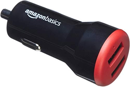 Image of Amazon Basics 2-port USB-A Car Charger - 24W - For phones (iPhone 16/ 15/14/13/12/11/X, Samsung and more) - Not PPS - Black/Red
