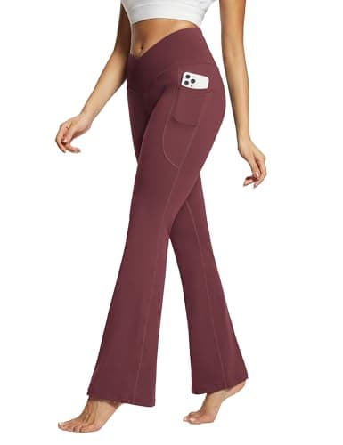 Image of baleaf Women's Flared Leggings Yoga Pants with Pockets Bootcut Trousers Crossover High Waisted Workout Wine Red 32" XL
