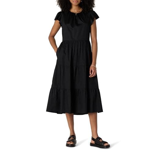 Image of Amazon Essentials Women's Relaxed Fit Cotton Sateen Modest Tiered Midi Dress, Black, XL