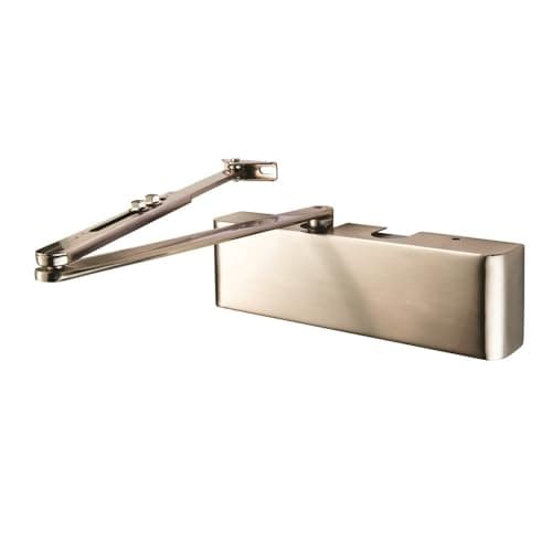 Image of Ironmongery Solutions® Overhead Door Closer Variable Power Adjustable Strength Door Control for Interior and Commercial Applications (Satin Nickel Plated)