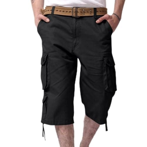 Image of RLEHJN 3/4 Length Cargo Shorts Men UK Clearance, Mens Summer Shorts Elasticated Waist Casual Lightweight Cropped Trousers Solid Color Drawstring Three Quarter Pants with Multi Pockets Black
