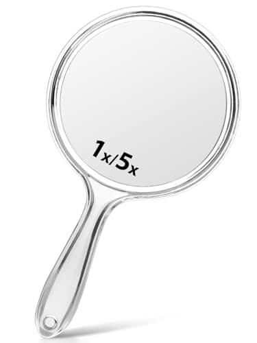 Image of Macaki Double-Sided Handheld Mirror with 1X/5X Magnification, Perfect for Travel and Makeup, 21 x 11 cm (Transparent White, 1PC)
