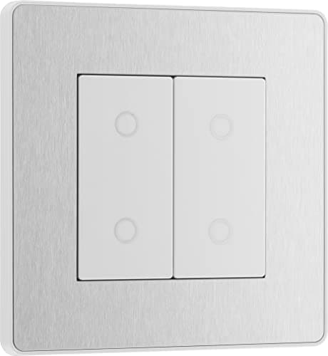 Image of BG Electrical Double Master/Primary Touch Dimmer Wall Light Switch, 2-Way, Trailing Edge, Screwless Front Plate, Evolve, Brushed Steel, 200W, PCDBSTDM2W