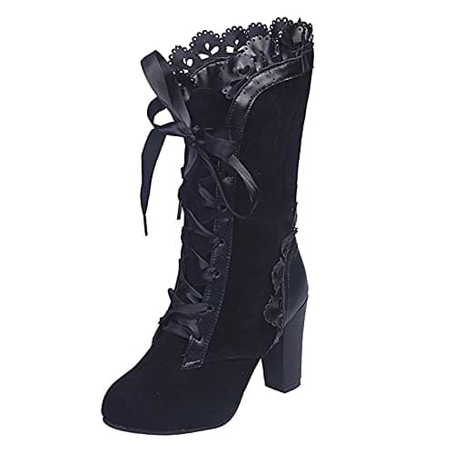 Image of Gothic Boots for Women Vintage Goth Lolita Lace Booties Suede Leather Wide Mid Calf Boots Chunky High Block Heels Lace up Boots for Ladies UK Size 4.5-7 Black