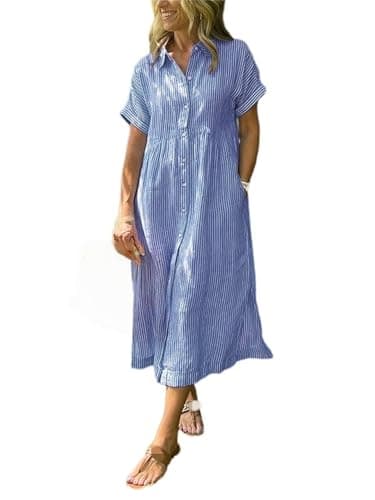 Image of Striped Lapel Button Down Shirt Dress with Functional Pockets, A-Line Boho Dress for Women, Classic Striped Dresses (Blue,L)