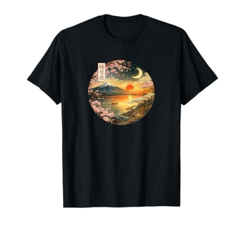 Image of Japanese Red Sunset and Mountain Asian Fuji Kanji Japan Art T-Shirt