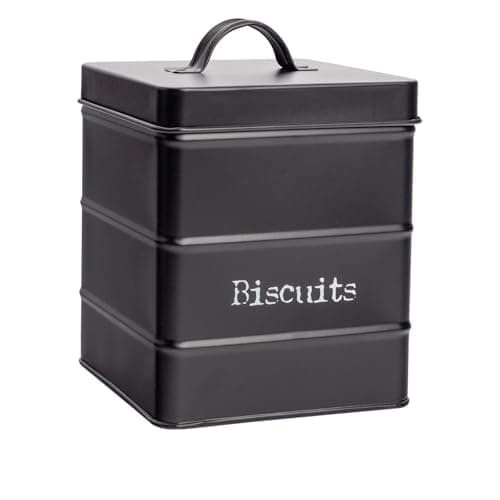 Image of Harbour Housewares Metal Biscuit Tin - Black - Vintage Retro Biscuit Barrel Canister Cookie Jar Kitchen Caddy Food Storage Box Container with Tight Fit Lid for Kitchen Organisation & Home Décor