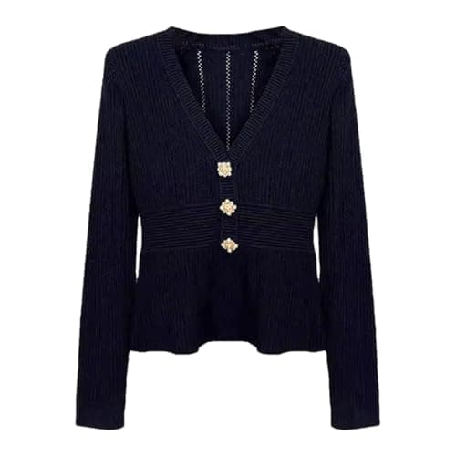 Image of Women's Hollow V-Neck Knitted Bottoming Shirt, Long-Sleeved Button Waisted Cardigan Sweater Black S