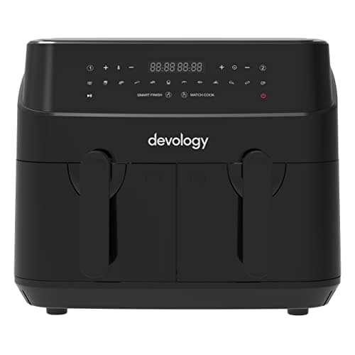 Image of Devology Double Air Fryer, 9L, 2x4.5L Dual Zone, Air Fryer, 50 Recipe Cookbook, 12 Cooking Programs, Digital LED Display, Two Zone Airfryer,Healthy Oil-free Fryer, Non Stick, Dishwasher Safe Appliance