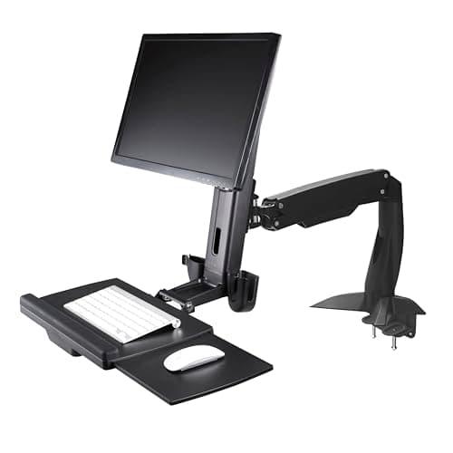 Image of StarTech.com Sit Stand Monitor Arm - Desk Mount Adjustable Sit-Stand Workstation Arm for Single 34" VESA Mount Display - Ergonomic Articulating Standing Desk Converter with Keyboard Tray (ARMSTSCP1)