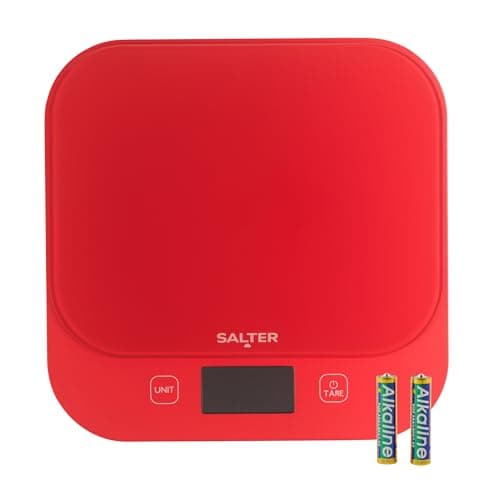 Image of Salter British Bakes Digital Kitchen Scale – 10kg Capacity Baking Scale, Measure Liquids, Waterproof & Washable, Add & Weigh Tare Function, Tempered Glass Platform, 1g Precision, Backlit Display, Red
