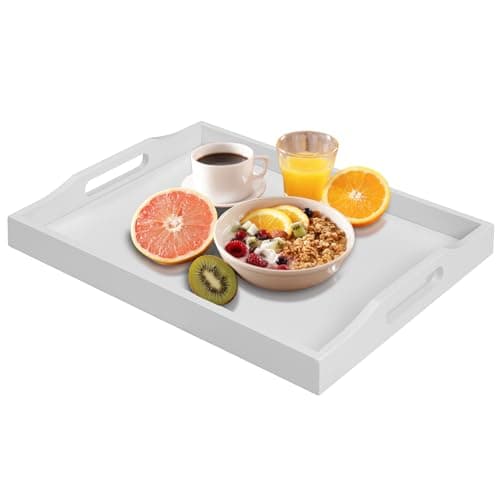 Image of Bamboo Serving Tray with Handles, Breakfast Wooden Tray for Food,Snack,Dinner, Home Decorative Storage, Platter, Ottoman,Kitchen Counter, Bathroom, Restaurant (White)
