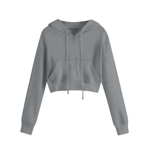 Image of Grey Womens Cropped Hoodie Causal Cropped Hoody Hooded Sweatshirt Long Sleeve Lace Up Neck Pullover Crop Tops Ladies Workout Joggers Dancing Hoodies Y2K Fashion Teen Girls Outfit