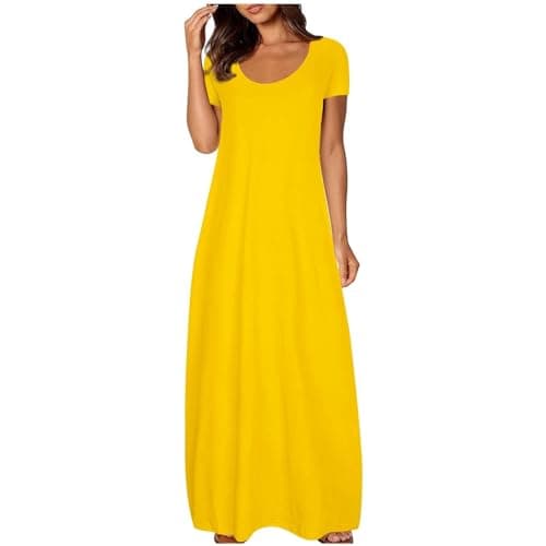 Image of Strappy Dresses for Women UK Casual Short Sleeve Cotton Swing Long Maxi Dress Scoop Neck Flowy Sundress with Pockets for Beach Holidays Yellow
