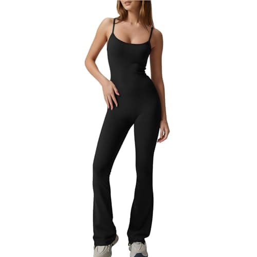 Image of TouKingda Sleeveless Gym Jumpsuit for Women Black Camisole Bodycon Bodysuit Seamless Scoop Neck Flared Wide Leg Yoga Playsuit Slim Fit Casual Full Length Jumpsuits Workout Going Outfits M