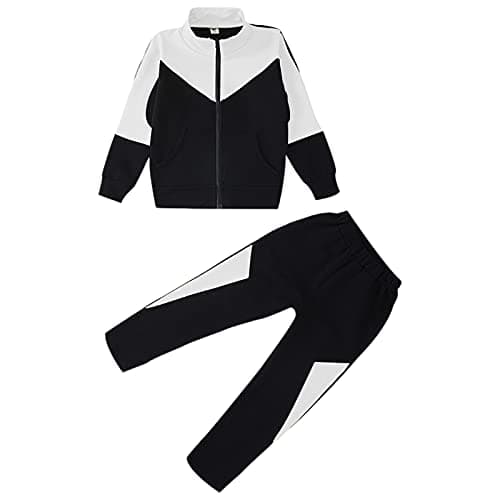 Image of amropi Kids Girl's Tracksuit Full Zipper Jacket Top and Pants Sports Outfits Set White Black,6-7 Years