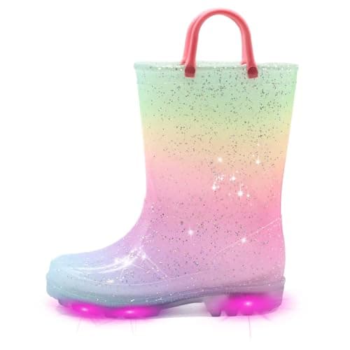 Image of EUXTERPA Kids Toddler Light Up Wellies, Glitter Flashing Wellies Boots for Boys and girls,Wellington Rian Boot with Handle Size 9 UK Child